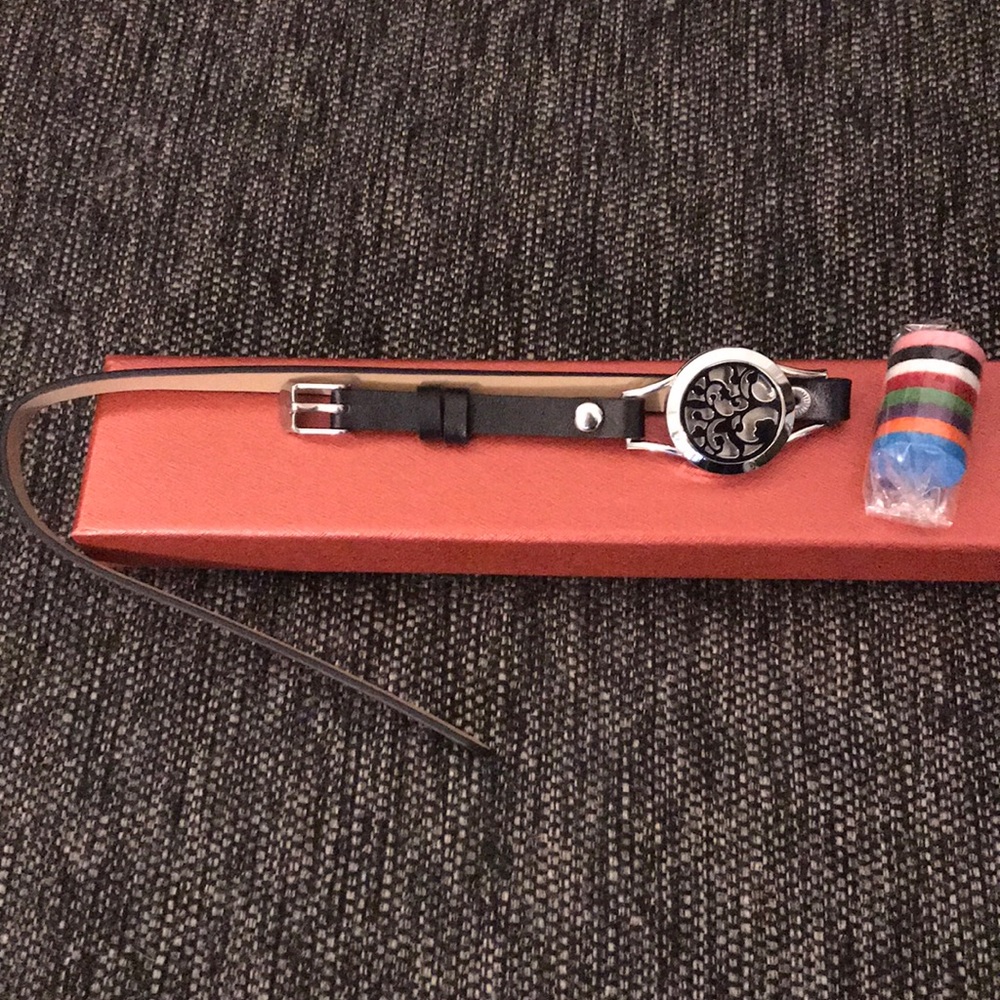 Silver Diffuser Bracelet with Black Leather Band